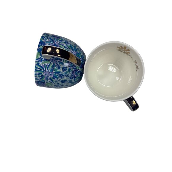 Lilly Pulitzer Floral Coffee Mug Set of 2 Blue Gold Handles - Picture 3 of 3
